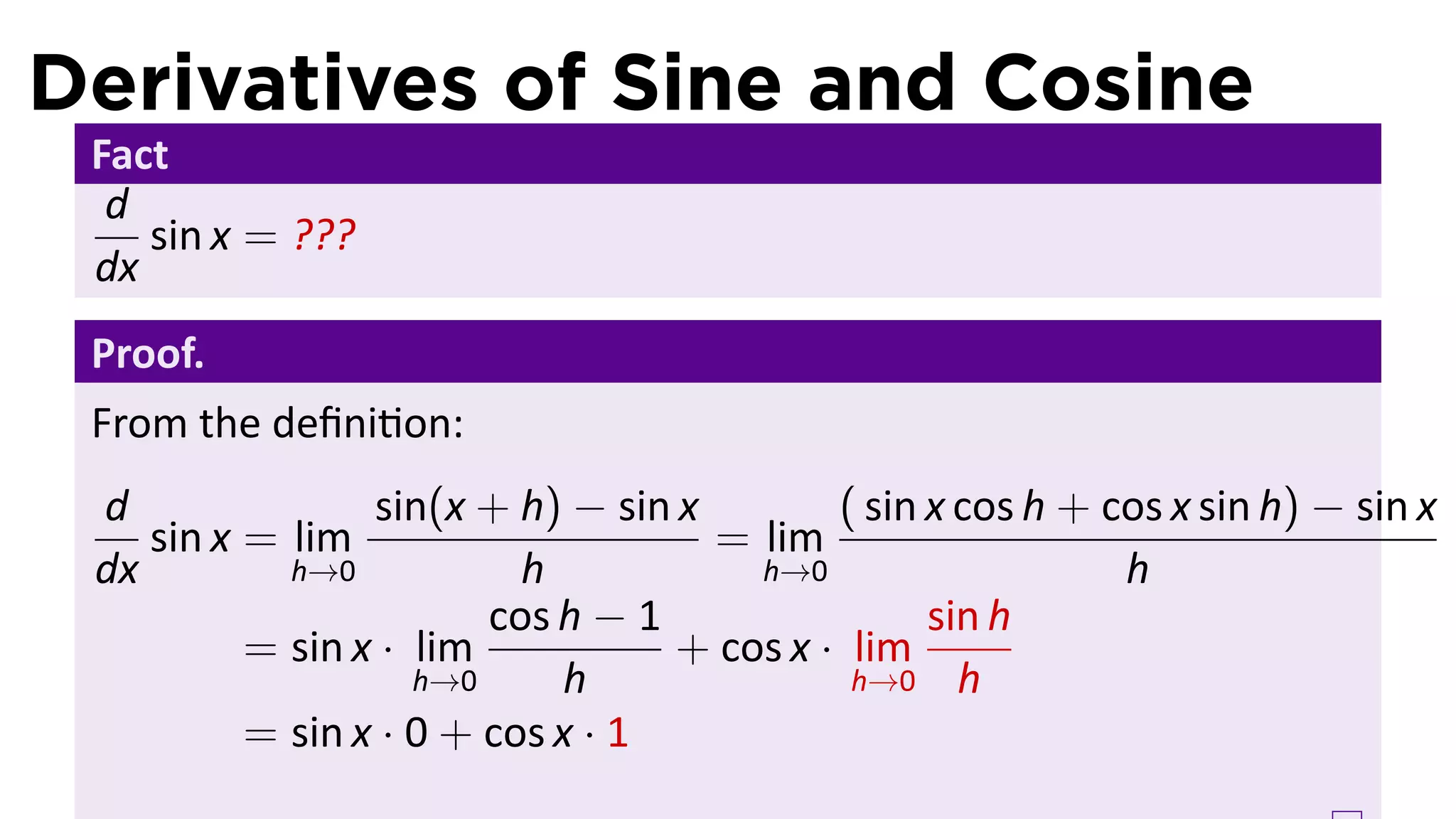 Derivatives of Sine and Cosine
 Fact
  d
    sin x = ???
 dx
 Proof.
 From the deﬁni on:
 d               sin(x + h) − sin x        ( sin x cos h + cos x sin h) − sin x
    sin x = lim                     = lim
 dx         h→0           h           h→0                   h
                        cos h − 1                sin h
          = sin x · lim           + cos x · lim
                    h→0      h              h→0 h
          = sin x · 0 + cos x · 1
 