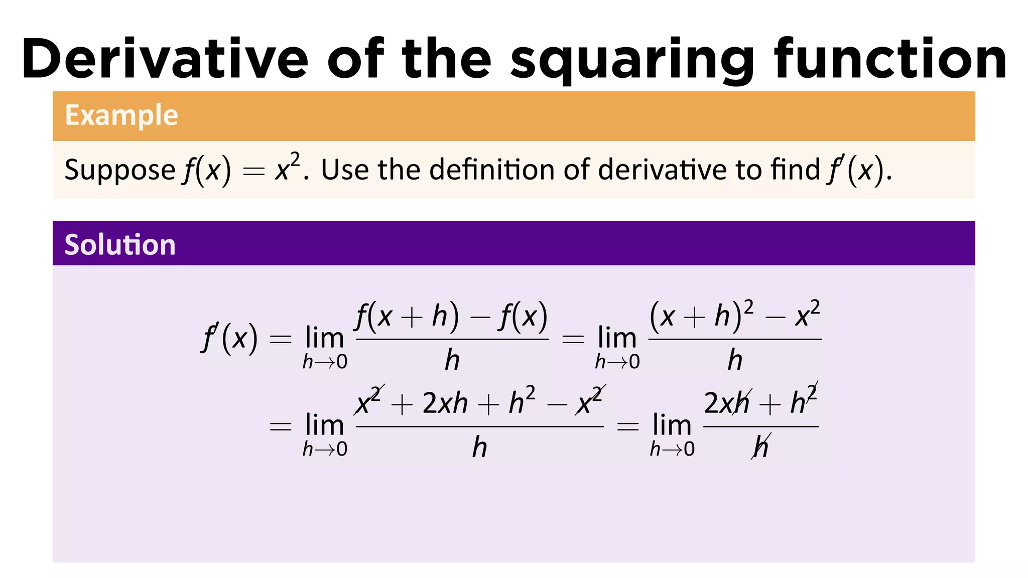 Derivative of the squaring function
 Example
 Suppose f(x) = x2 . Use the deﬁni on of deriva ve to ﬁnd f′ (x).

 Solu on

            ′          f(x + h) − f(x)       (x + h)2 − x2
           f (x) = lim                 = lim
                   h→0        h          h→0       h
                         + 2xh + h −  
                       x2
                                    2
                                        x2
                                                 2x + h2
                                                   h
                                                        ¡
                 = lim                     = lim
                   h→0          h            h→0     h
                                                     
                                                     
 