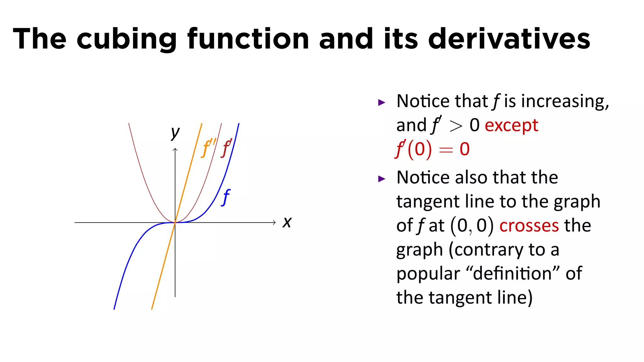 The cubing function and its derivatives
                           No ce that f is increasing,
          y                and f′  0 except
              f′′ f′       f′ (0) = 0
                           No ce also that the
                  f        tangent line to the graph
          .            x   of f at (0, 0) crosses the
                           graph (contrary to a
                           popular “deﬁni on” of
                           the tangent line)
 