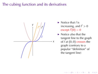 The	cubing	function	and	its	derivatives



                                           Notice	that f is
                  y
                  .
                      f
                      .   ′′
                               f
                               .   ′       increasing, and f′ > 0
                                           except f′ (0) = 0
                                           Notice	also	that	the
                               f
                               .           tangent	line	to	the	graph
                  .                    x
                                       .   of f at (0, 0) crosses the
                                           graph	(contrary	to	a
                                           popular	“deﬁnition”	of
                                           the	tangent	line)




                                             .    .   .    .    .       .
 