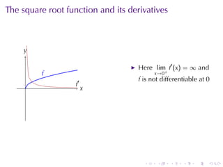 The	square	root	function	and	its	derivatives



    y
    .

                                    Here lim f′ (x) = ∞ and
         f
         .                                x→0+
                                    f is	not	differentiable	at 0
     .             .′
                   f
                        x
                        .




                                      .    .     .   .    .    .
 