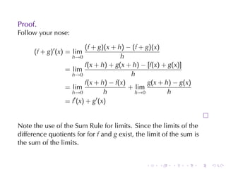 Proof.
Follow	your	nose:

                        (f + g)(x + h) − (f + g)(x)
      (f + g)′ (x) = lim
                   h→0               h
                        f(x + h) + g(x + h) − [f(x) + g(x)]
                 = lim
                   h→0                   h
                        f(x + h) − f(x)        g(x + h) − g(x)
                 = lim                  + lim
                   h→0         h          h→0         h
                    ′       ′
                 = f (x) + g (x)


Note	the	use	of	the	Sum	Rule	for	limits. Since	the	limits	of	the
difference	quotients	for	for f and g exist, the	limit	of	the	sum	is
the	sum	of	the	limits.


                                               .    .    .    .   .   .
 