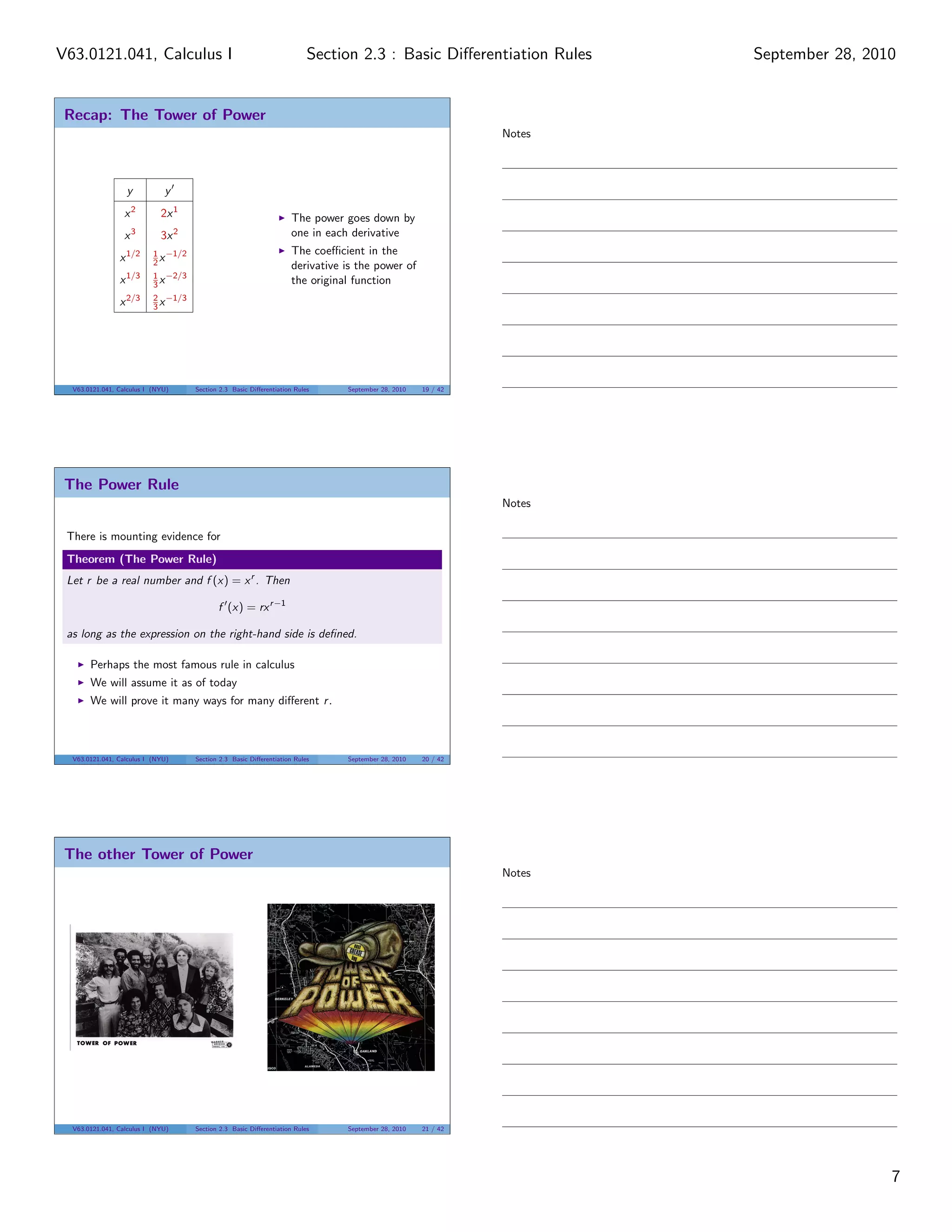 V63.0121.041, Calculus I                                                 Section 2.3 : Basic Diﬀerentiation Rules     September 28, 2010


 Recap: The Tower of Power
                                                                                                              Notes



                  y           y
                  x2         2x 1                                   The power goes down by
                  x3         3x 2                                   one in each derivative
                           1 −1/2                                   The coeﬃcient in the
                x 1/2      2x                                       derivative is the power of
                           1 −2/3
                x 1/3      3x                                       the original function
                           2 −1/3
                x 2/3      3x




  V63.0121.041, Calculus I (NYU)    Section 2.3 Basic Diﬀerentiation Rules     September 28, 2010   19 / 42




 The Power Rule
                                                                                                              Notes

 There is mounting evidence for
 Theorem (The Power Rule)
 Let r be a real number and f (x) = x r . Then

                                           f (x) = rx r −1

 as long as the expression on the right-hand side is deﬁned.

       Perhaps the most famous rule in calculus
       We will assume it as of today
       We will prove it many ways for many diﬀerent r .



  V63.0121.041, Calculus I (NYU)    Section 2.3 Basic Diﬀerentiation Rules     September 28, 2010   20 / 42




 The other Tower of Power
                                                                                                              Notes




  V63.0121.041, Calculus I (NYU)    Section 2.3 Basic Diﬀerentiation Rules     September 28, 2010   21 / 42




                                                                                                                                       7
 