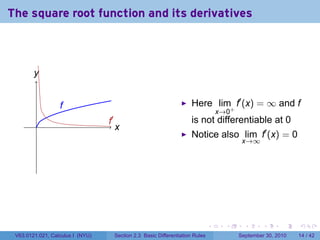 The square root function and its derivatives



        y
        .


                  f
                  .                                                     Here lim+ f′ (x) = ∞ and f
                                                                                     x→0
         .                        .′
                                  f                                     is not differentiable at 0
                                       x
                                       .
                                                                        Notice also lim f′ (x) = 0
                                                                                            x→∞




                                                                                 .     .     .      .      .    .

 V63.0121.021, Calculus I (NYU)        Section 2.3 Basic Differentiation Rules             September 30, 2010   14 / 42
 