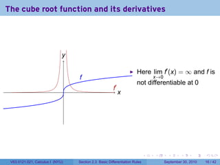 The cube root function and its derivatives




                              y
                              .

                                                                          Here lim f′ (x) = ∞ and f is
                                      f
                                      .                                             x→0
                                                                          not differentiable at 0
                                  .                        .′
                                                           f
                                                                x
                                                                .




                                                                                .   .       .      .      .    .

 V63.0121.021, Calculus I (NYU)       Section 2.3 Basic Differentiation Rules             September 30, 2010   16 / 42
 