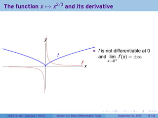The function x → x2/3 and its derivative




                              y
                              .

                                                                          f is not differentiable at 0
                                      f
                                      .                                   and lim f′ (x) = ±∞
                                                                                    x→0±
                                  .                        .′
                                                           f
                                                                x
                                                                .




                                                                                .    .       .      .      .    .

 V63.0121.021, Calculus I (NYU)       Section 2.3 Basic Differentiation Rules              September 30, 2010   18 / 42
 