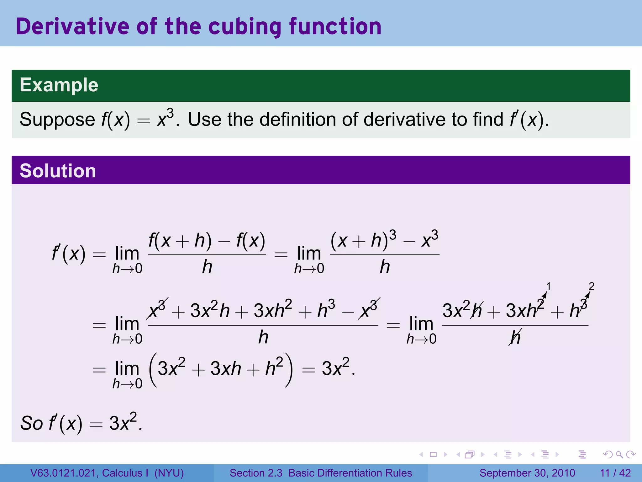 Derivative of the cubing function

Example
Suppose f(x) = x3 . Use the definition of derivative to find f′ (x).

Solution


                    f(x + h) − f(x)       (x + h)3 − x3
     f′ (x) = lim                   = lim
                h→0        h          h→0       h
                                                                                                        1       2

                          + 3xh + h −  
                        x3 +      3x2 h          2        3       
                                                                 x3                 3x2 h               ¡
                                                                                                        !
                                                                                                        2       !
                                                                                                                ¡
                                                                                                                3
                                                                                          + 3xh + h
             = lim                      = lim
               h→0
                   (
                             h
                                 )
                                          h→0                                                   
                                                                                                h
                     2         2    2
             = lim 3x + 3xh + h = 3x .
                h→0

So f′ (x) = 3x2 .
                                                                                .    .      .       .       .       .

 V63.0121.021, Calculus I (NYU)       Section 2.3 Basic Differentiation Rules            September 30, 2010         11 / 42
 