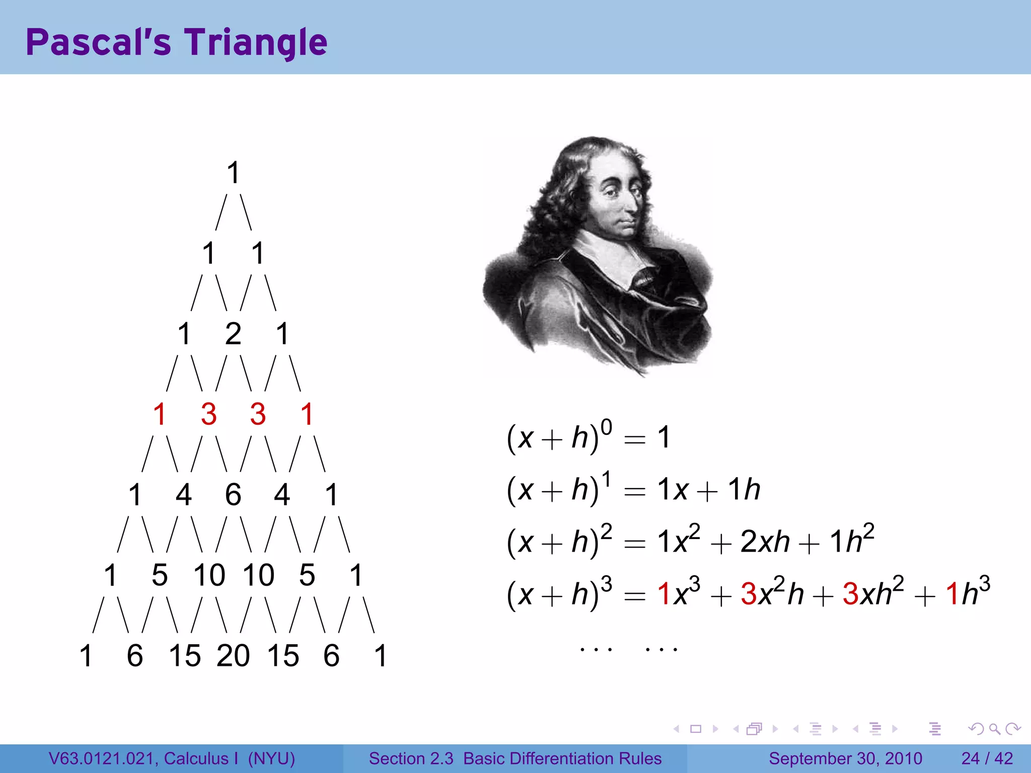 Pascal's Triangle


                            ..
                            1

                        1
                        .        1
                                 .

                    1
                    .       2
                            .        1
                                     .

                1
                .       3
                        .        3
                                 .       1
                                         .
                                                                       (x + h)0 = 1
            1
            .       4
                    .       6
                            .        4
                                     .       1
                                             .                         (x + h)1 = 1x + 1h
                                                                       (x + h)2 = 1x2 + 2xh + 1h2
        1
        .       5 1 1 5
                . .0 .0 .                        1
                                                 .
                                                                       (x + h)3 = 1x3 + 3x2 h + 3xh2 + 1h3

    1
    .       6 1 2 1 6
            . .5 .0 .5 .                             1
                                                     .                          ... ...

                                                                                               .   .     .      .      .    .

 V63.0121.021, Calculus I (NYU)                      Section 2.3 Basic Differentiation Rules           September 30, 2010   24 / 42
 