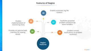Features of Nagios
Enables contact
notifications on problem
resolution
Facilitates proactive
problem resolution by
event handlers
Enables automatic log file
rotation
Enables
implementation of
monitoring hosts
Provides an optional web
interface for viewing
details
Nagios
Features
06
07
08
09
10
 