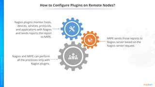 How to Configure Plugins on Remote Nodes?
Nagios and NRPE can perform
all the processes only with
Nagios plugins.
Nagios plugins monitor hosts,
devices, services, protocols,
and applications with Nagios
and sends reports the report
to NRPE.
NRPE sends those reports to
Nagios server based on the
Nagios server request.
 