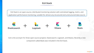 ELK Stack
ELK Stack is an open-source, distributed monitoring solution with centralized logging, metric, and
application performance monitoring, suitable for almost any structured and unstructured data source.
ELK is the acronym for three open source projects: Elasticsearch, Logstash, and Kibana. Recently a new
component called Beats was included in the ELK Stack.
 