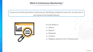 What Is Continuous Monitoring ?
It is the ability to:
● Detects
● Reports
● Responds
● Contains
● Mitigates attacks to the IT infrastructure
Continuous monitoring involves monitoring and identifying compliance issues and security risks in
each phase of the DevOps lifecycle.
 