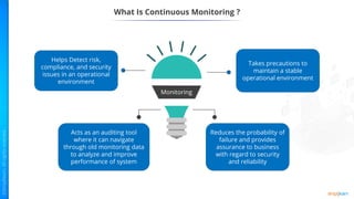 Monitoring
Helps Detect risk,
compliance, and security
issues in an operational
environment
Takes precautions to
maintain a stable
operational environment
Acts as an auditing tool
where it can navigate
through old monitoring data
to analyze and improve
performance of system
Reduces the probability of
failure and provides
assurance to business
with regard to security
and reliability
What Is Continuous Monitoring ?
 