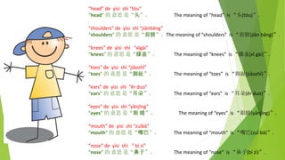 nose de ysi sh  b zi
nose  ˼ ǡӡ The meaning of nose is (b zi).
shoulders de ysi sh jinbng
shoulders  ˼ ǡ򡱡The meaning of shoulders is (jin bng).
knees de ysi sh xgi
knees  ˼ ǡϥǡ The meaning of knees is ϥ(x gi).
toes de ysi sh jiozh
toes  ˼ ǡֺ The meaning of toes is ֺ(jiozh).
ears de ysi sh r duo
ears  ˼ ǡ䡱 The meaning of ears is (r duo).
eyes de ysi sh ynjng
eyes  ˼ ǡ  The meaning of eyes is ۾(ynjng).
head de ysi sh tu
head  ˼ ǡͷ The meaning of head is ͷ(tu).
mouth de ysi sh zub
mouth  ˼ ǡ͡ The meaning of mouth is (zu b).
 