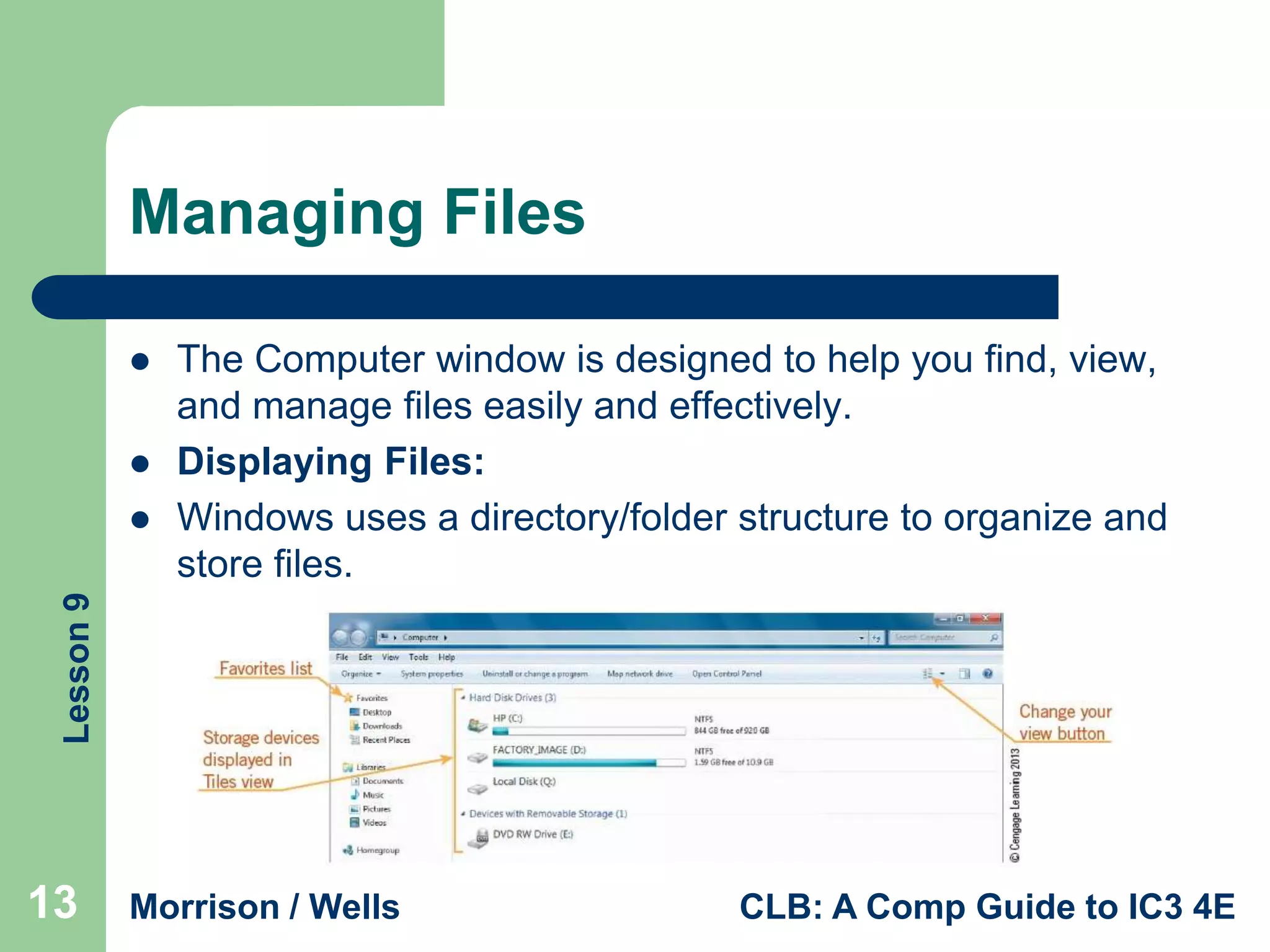 Managing Files



Lesson 9



The Computer window is designed to help you find, view,
and manage files easily and effectively.
Displaying Files:
Windows uses a directory/folder structure to organize and
store files.

13

Morrison / Wells

CLB: A Comp Guide to IC3 4E

 