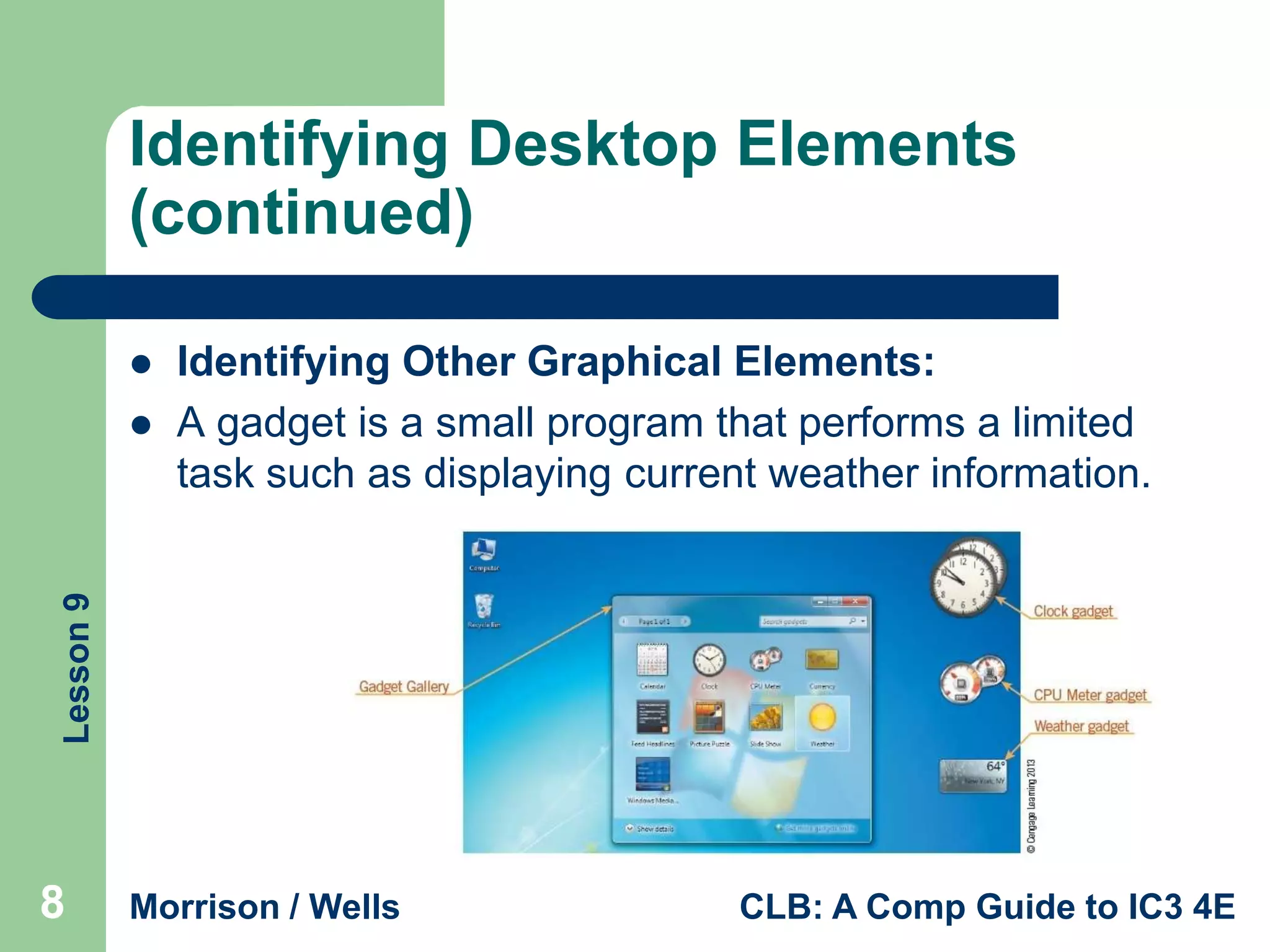 Identifying Desktop Elements
(continued)


Lesson 9



Identifying Other Graphical Elements:
A gadget is a small program that performs a limited
task such as displaying current weather information.

8

Morrison / Wells

CLB: A Comp Guide to IC3 4E

 