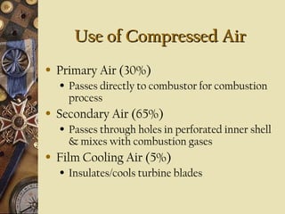 Use of Compressed Air
Use of Compressed Air
• Primary Air (30%)
• Passes directly to combustor for combustion
process
• Secondary Air (65%)
• Passes through holes in perforated inner shell
& mixes with combustion gases
• Film Cooling Air (5%)
• Insulates/cools turbine blades
 
