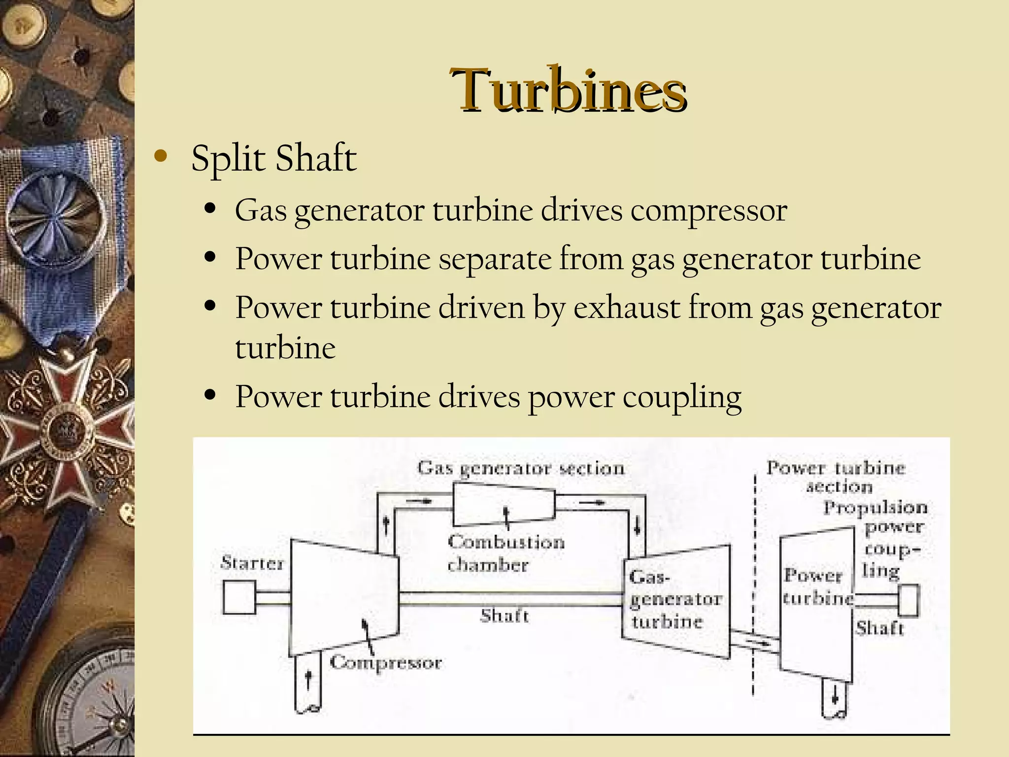TurbinesTurbines
• Split Shaft
• Gas generator turbine drives compressor
• Power turbine separate from gas generator turbine
• Power turbine driven by exhaust from gas generator
turbine
• Power turbine drives power coupling
 