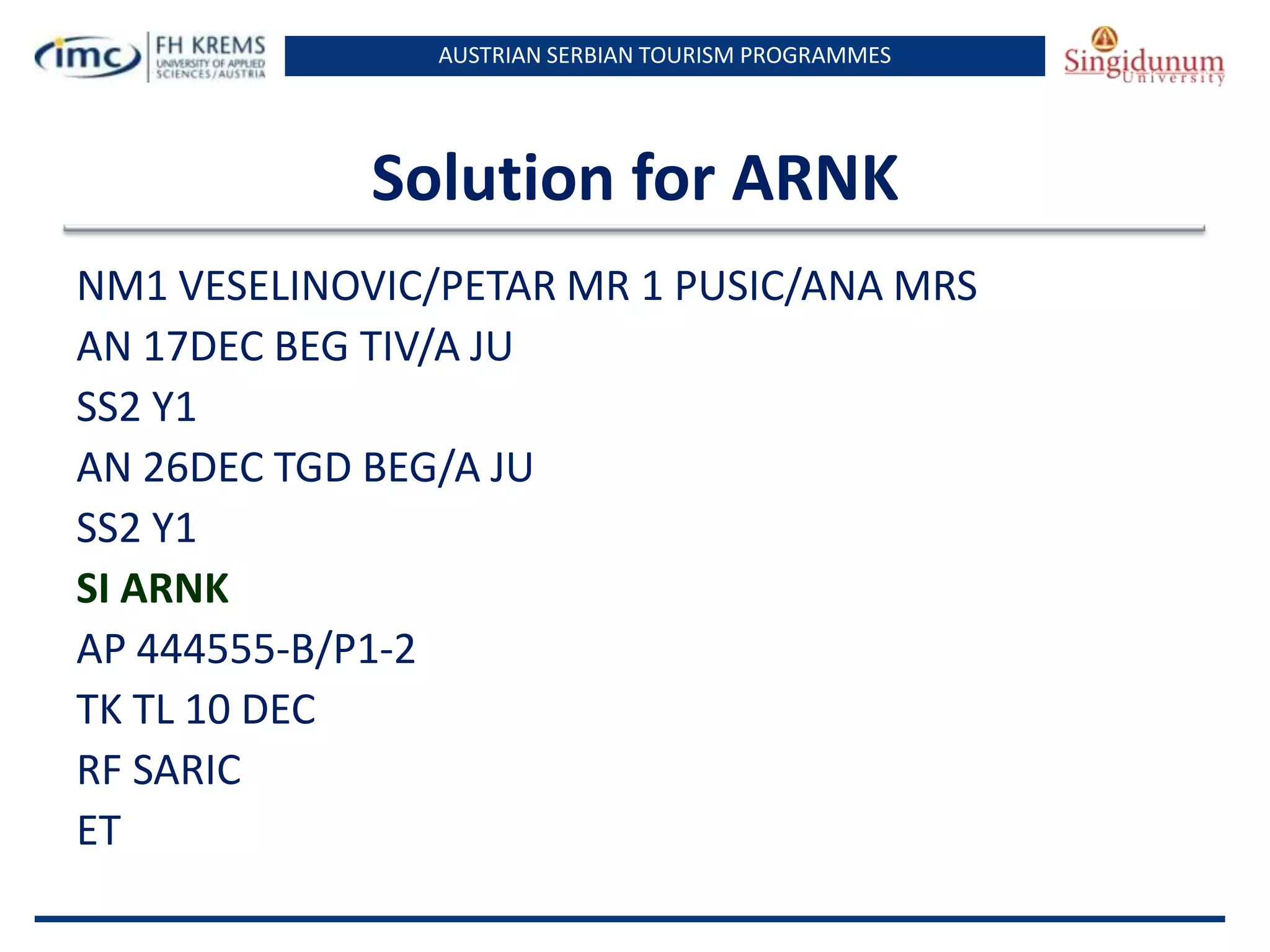 AUSTRIAN SERBIAN TOURISM PROGRAMMES

Solution for ARNK
NM1 VESELINOVIC/PETAR MR 1 PUSIC/ANA MRS
AN 17DEC BEG TIV/A JU
SS2 Y1
AN 26DEC TGD BEG/A JU
SS2 Y1
SI ARNK
AP 444555-B/P1-2
TK TL 10 DEC
RF SARIC
ET

 