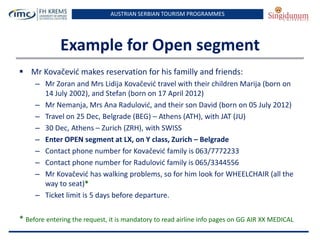AUSTRIAN SERBIAN TOURISM PROGRAMMES

Example for Open segment
 Mr Kovačevid makes reservation for his familly and friends:
– Mr Zoran and Mrs Lidija Kovačevid travel with their children Marija (born on
14 July 2002), and Stefan (born on 17 April 2012)
– Mr Nemanja, Mrs Ana Radulovid, and their son David (born on 05 July 2012)
– Travel on 25 Dec, Belgrade (BEG) – Athens (ATH), with JAT (JU)
– 30 Dec, Athens – Zurich (ZRH), with SWISS
– Enter OPEN segment at LX, on Y class, Zurich – Belgrade
– Contact phone number for Kovačevid family is 063/7772233
– Contact phone number for Radulovid family is 065/3344556
– Mr Kovačevid has walking problems, so for him look for WHEELCHAIR (all the
way to seat)*
– Ticket limit is 5 days before departure.

* Before entering the request, it is mandatory to read airline info pages on GG AIR XX MEDICAL

 
