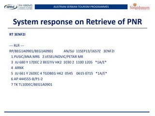 AUSTRIAN SERBIAN TOURISM PROGRAMMES

System response on Retrieve of PNR
RT 3ENF2I
--- RLR --RP/BEG1A0901/BEG1A0901
AN/SU 11SEP13/1657Z 3ENF2I
1.PUSIC/ANA MRS 2.VESELINOVIC/PETAR MR
3 JU 680 Y 17DEC 2 BEGTIV HK2 1030 2 1100 1205 *1A/E*
4 ARNK
5 JU 661 Y 26DEC 4 TGDBEG HK2 0545 0615 0715 *1A/E*
6 AP 444555-B/P1-2
7 TK TL10DEC/BEG1A0901

 