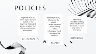 POLICIES
CELLPHONES
All phones must be
placed at your assigned
pockets at the
beginning of class and
you can only take your
phone once I instruct
you to do so.
RESPECT
Respect yourself,
others, and the
school:
1.When someone
else is talking,
listen!
2.Raise your hand
and wait to be
called on.
RESTROOMS
RESTOOMS
should be used only
before and after class.
Passes will be issued
only in case of
emergency.
 