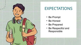 EXPECTATIONS
• Be Prepared
• Be Prompt
• Be Respectful and
Responsible
• Be Honest
 