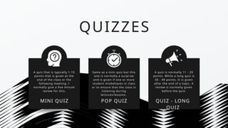 QUIZZES
A quiz that is typically 1-10
points that is given at the
end of the class or the
following meeting. I
normally give a five minute
review for this.
Same as a mini quiz but this
one is normally a surprise
and is given if one or more
student misbehaves in class
or to ensure that the class is
listening during
lectures/lessons.
A quiz is normally 11 - 29
points. While a long quiz is
30 - 49 points. It is given
after the end of a topic. A
review is normally given
before the quiz.
MINI QUIZ POP QUIZ QUIZ - LONG
QUIZ
 