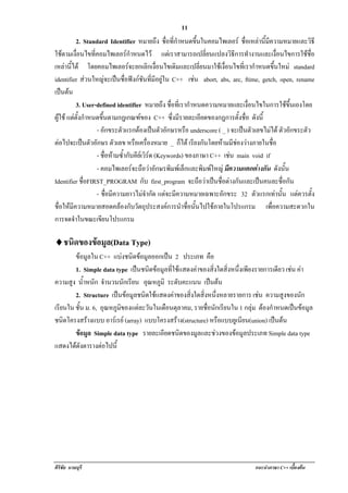 !                                                     11
!          2. Standard Identifier หมายถึง ชื่อที่กําหนดขนในคอมไพเลอร ชื่อเหลานี้มีความหมายและวิธี
                                                               ้ึ
ใชตามเงื่อนไขที่คอมไพเลอรกาหนดไว แตเราสามารถเปลี่ยนแปลงวิธีการทางานและเงื่อนไขการใชชื่อ
                                 ํ                                              ํ
เหลานได โดยคอมไพเลอรจะยกเลิกเงื่อนไขเดิมและเปลี่ยนมาใชเงื่อนไขที่เรากําหนดขึ้นใหม standard
      ้ี
identifier สวนใหญจะเปนชื่อฟงกชันที่มีอยูใน C++ เชน abort, abs, arc, ftime, getch, open, rename
                                                             
เปนตน
           3. User-defined identifier หมายถึง ชอทเ่ี รากาหนดความหมายและเงอนไขในการใชขนเองโดย
                                                  ่ื       ํ                 ่ื                 ้ึ
ผูใช แตตั้งกําหนดขึ้นตามกฎเกณฑของ C++ ซึ่งมีรายละเอียดของกฎการตั้งชื่อ ดังนี้
                   - อักขระตัวแรกตองเปนตัวอักษรหรือ underscore ( _ ) จะเปนตัวเลขไมได ตวอกขระตว
                                                                                            ั ั       ั
ตอไปจะเปนตัวอักษร ตัวเลข หรอเครองหมาย _ ก็ได เรียงกันโดยหามมีชองวางภายในชื่อ
                                   ื ่ื
                   - ชื่อหามซากับคียเวิรด (Keywords) ของภาษา C++ เชน main void if
                              ํ้                                      
                   - คอมไพเลอรจะถือวาอักษรพิมพเล็กและพิมพใหญ มีความแตกตางกัน ดังนัน    ้
Identifier ชื่อFIRST_PROGRAM กับ first_program จะถือวาเปนชื่อตางกันและเปนคนละชื่อกัน
                   - ชื่อมีความยาวไมจํากัด แตจะมีความหมายเฉพาะอักขระ 32 ตวแรกเทานน แตควรตง
                                                                                  ั     ้ั          ้ั
ชื่อใหมีความหมายสอดคลองกับวัตถุประสงคการนําชอนนไปใชภายในโปรแกรม เพื่อความสะดวกใน
                                                         ่ื ้ั    
การจดจําในขณะเขยนโปรแกรม
                     ี

♦! นิดของขอมูล(Data Type)
 ช
       ขอมูลใน C++ แบงชนดขอมลออกเปน 2 ประเภท คือ
                            ิ  ู        
       1. Simple data type เปนชนิดขอมูลที่ใชแสดงคาของสิ่งใดสิ่งหนึ่งเพียงรายการเดียว เชน คา
                                                                                           
ความสูง นําหนก จํานวนนกเรยน อุณหภูมิ ระดับคะแนน เปนตน
           ้ ั              ั ี
       2. Structure เปนขอมูลชนิดใชแสดงคาของสิ่งใดสิ่งหนึ่งหลายรายการ เชน ความสูงของนัก
                                                                              
เรยนใน ชั้น ม. 6, อุณหภูมของแตละวันในเดือนตุลาคม, รายชือนักเรียนใน 1 กลุม ตองกําหนดเปนขอมล
  ี                      ิ                               ่                                     ู
ชนิดโครงสรางแบบ อารเรย (array) แบบโครงสราง(structure) หรอแบบยเู นยน(union) เปนตน
                                                             ื          ี
       ขอมูล Simple data type รายละเอียดชนิดของมูลและชวงของขอมูลประเภท Simple data type
แสดงไดดงตารางตอไปน้ี
       ั         




ศิริชัย นามบุรี                                                                 แนะนําภาษา C++ เบืองตน
                                                                                                  ้
 