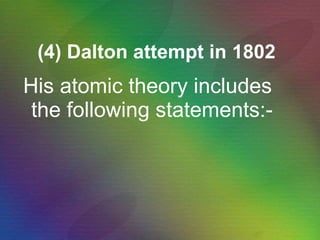 (4) Dalton attempt in 1802 His atomic theory includes the following statements:-   