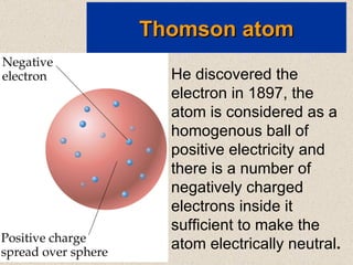 Thomson atom He discovered the electron in 1897, the atom is considered as a homogenous ball of positive electricity and there is a number of negatively charged electrons inside it sufficient to make the atom electrically neutral . 