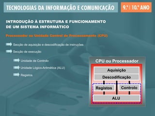 Processador ou Unidade Central de Processamento (CPU) Secção de execução Unidade Lógico-Aritmética (ALU) Unidade de Controlo Registos Secção de aquisição e descodificação de instruções INTRODUÇÃO À ESTRUTURA E FUNCIONAMENTO  DE UM SISTEMA INFORMÁTICO CPU ou Processador Aquisição Descodificação Controlo Registos ALU   