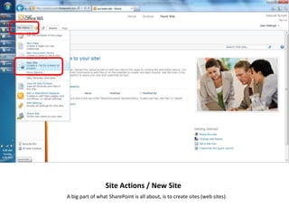 k




                      Site Actions / New Site
    A big part of what SharePoint is all about, is to create sites (web sites).
 