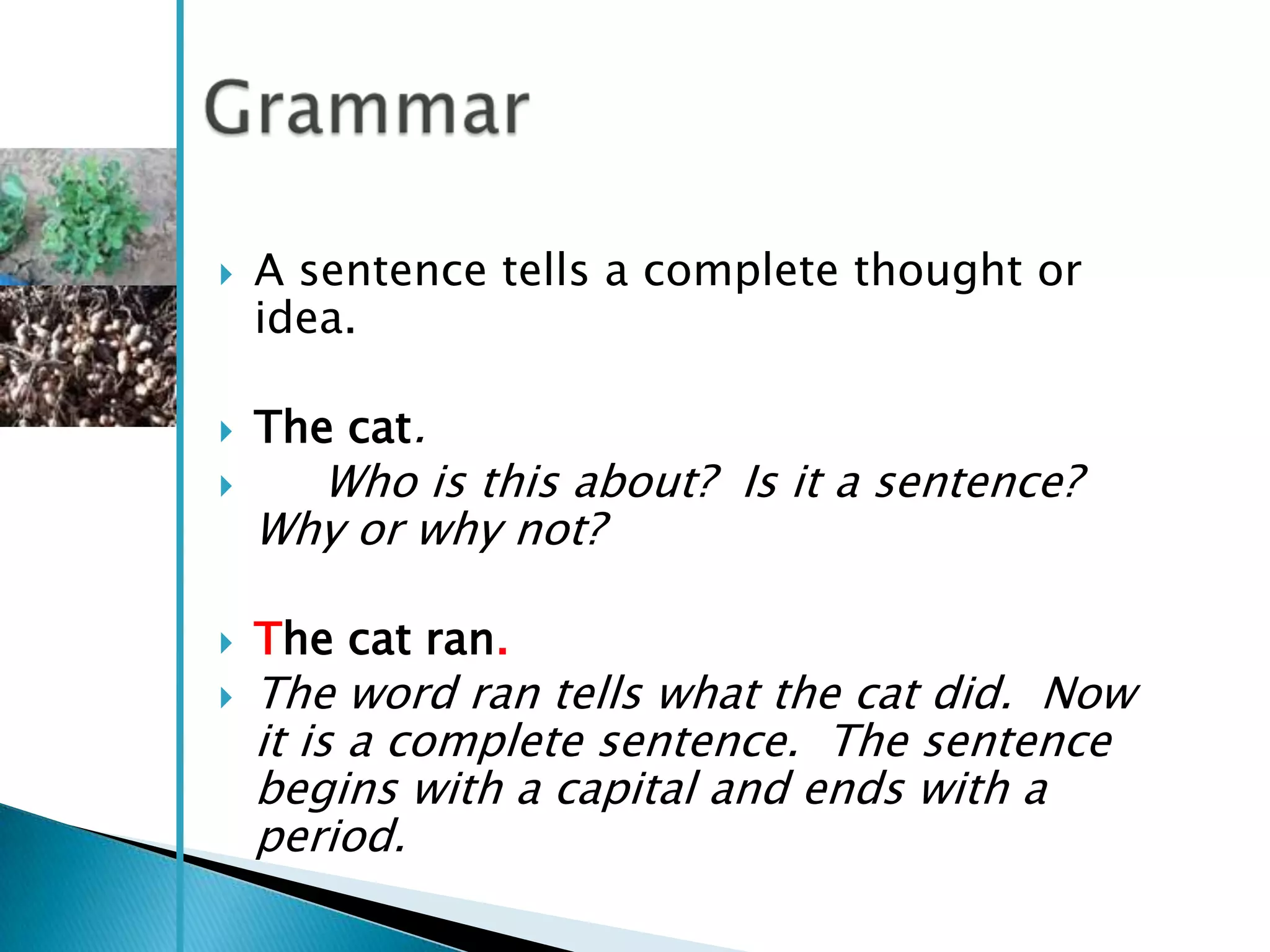    A sentence tells a complete thought or
    idea.

   The cat.
     Who is this about? Is it a sentence?
    Why or why not?

   The cat ran.
   The word ran tells what the cat did. Now
    it is a complete sentence. The sentence
    begins with a capital and ends with a
    period.
 