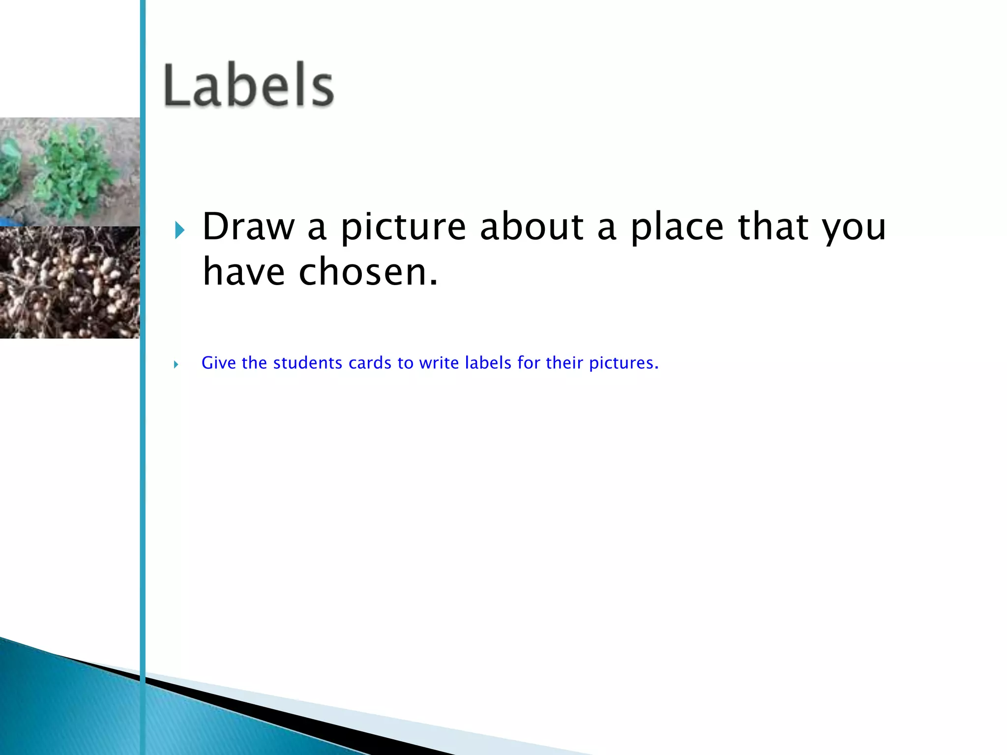    Draw a picture about a place that you
    have chosen.

   Give the students cards to write labels for their pictures.
 