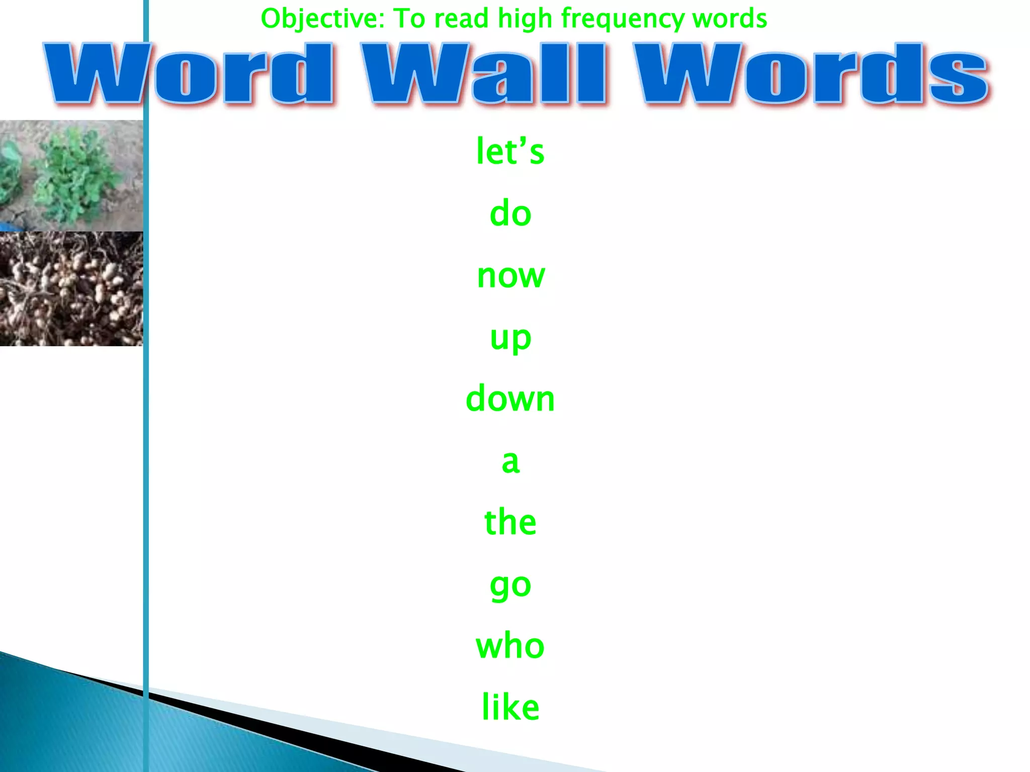 Objective: To read high frequency words




                let‘s
                 do
                now
                 up
               down
                  a
                 the
                 go
                who
                like
 