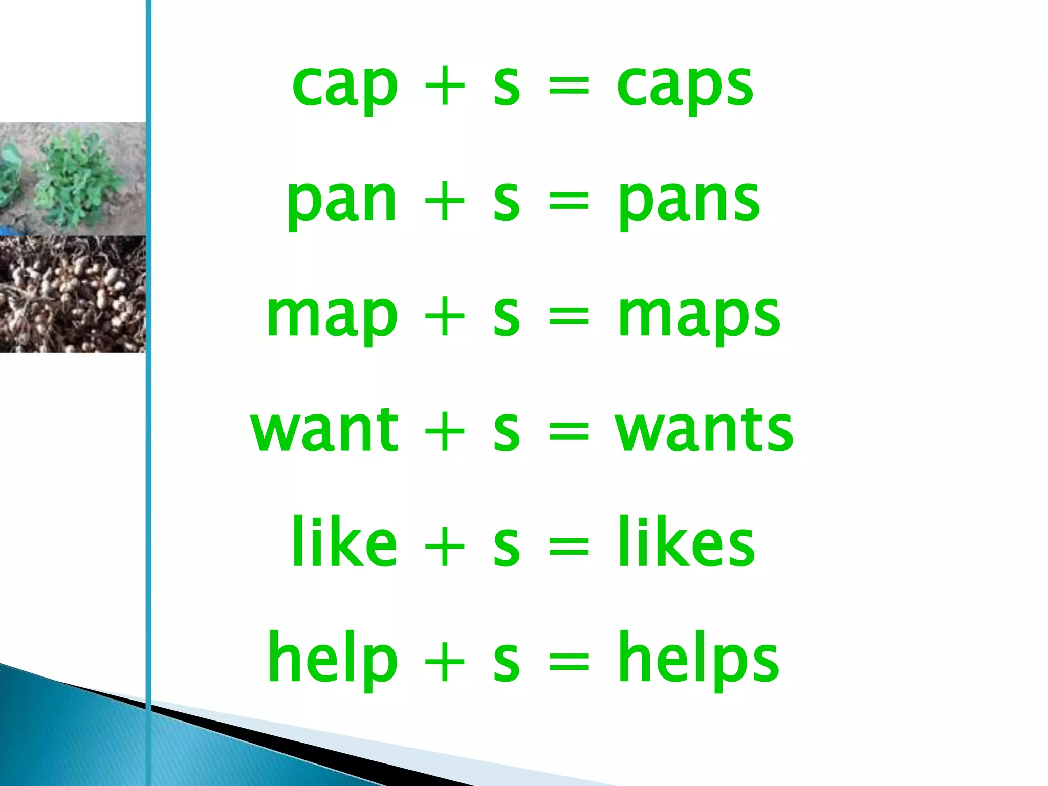 cap + s = caps
pan + s = pans
map + s = maps
want + s = wants
 like + s = likes
help + s = helps
 