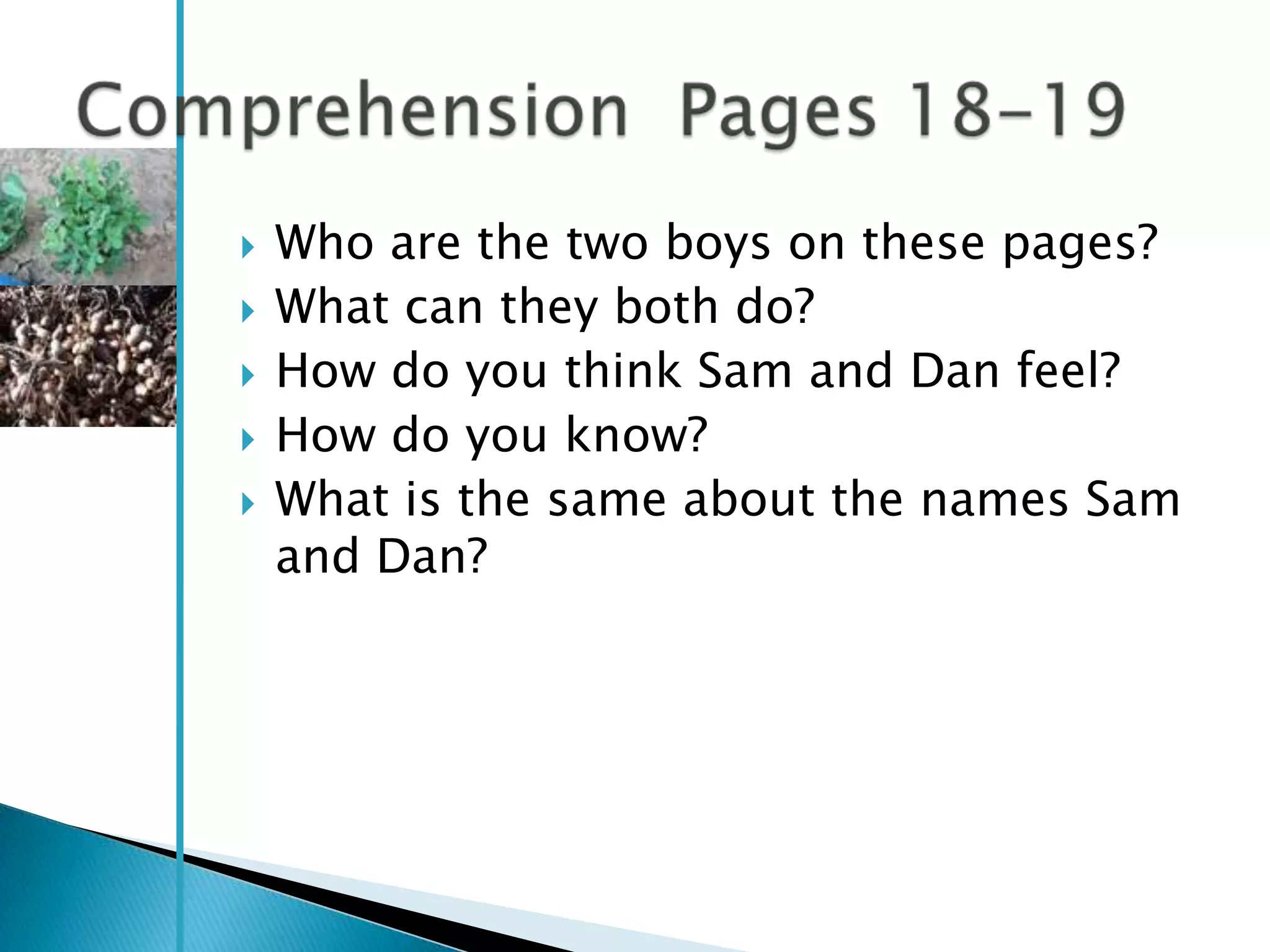    Who are the two boys on these pages?
   What can they both do?
   How do you think Sam and Dan feel?
   How do you know?
   What is the same about the names Sam
    and Dan?
 