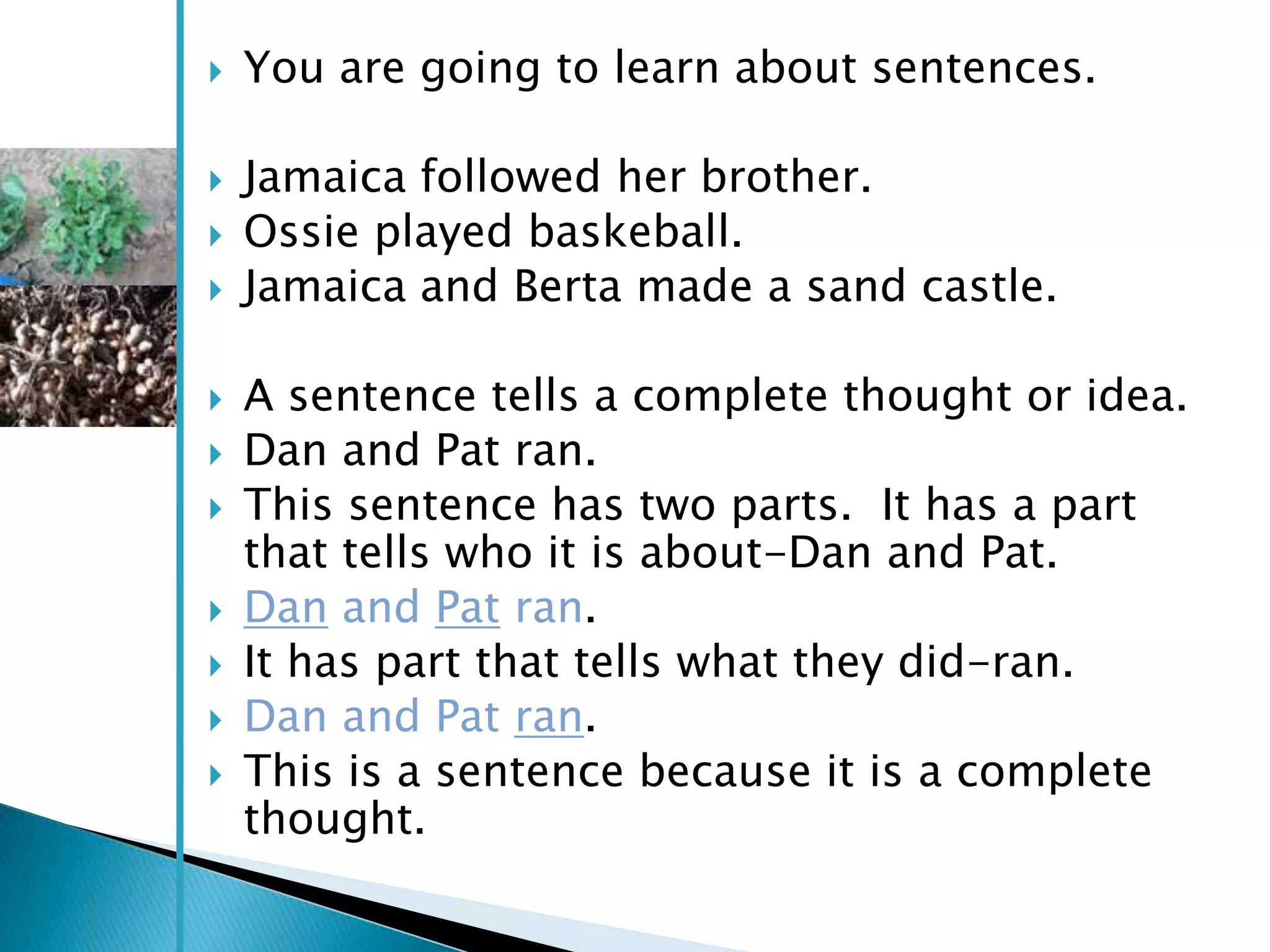    You are going to learn about sentences.

   Jamaica followed her brother.
   Ossie played baskeball.
   Jamaica and Berta made a sand castle.

   A sentence tells a complete thought or idea.
   Dan and Pat ran.
   This sentence has two parts. It has a part
    that tells who it is about-Dan and Pat.
   Dan and Pat ran.
   It has part that tells what they did-ran.
   Dan and Pat ran.
   This is a sentence because it is a complete
    thought.
 