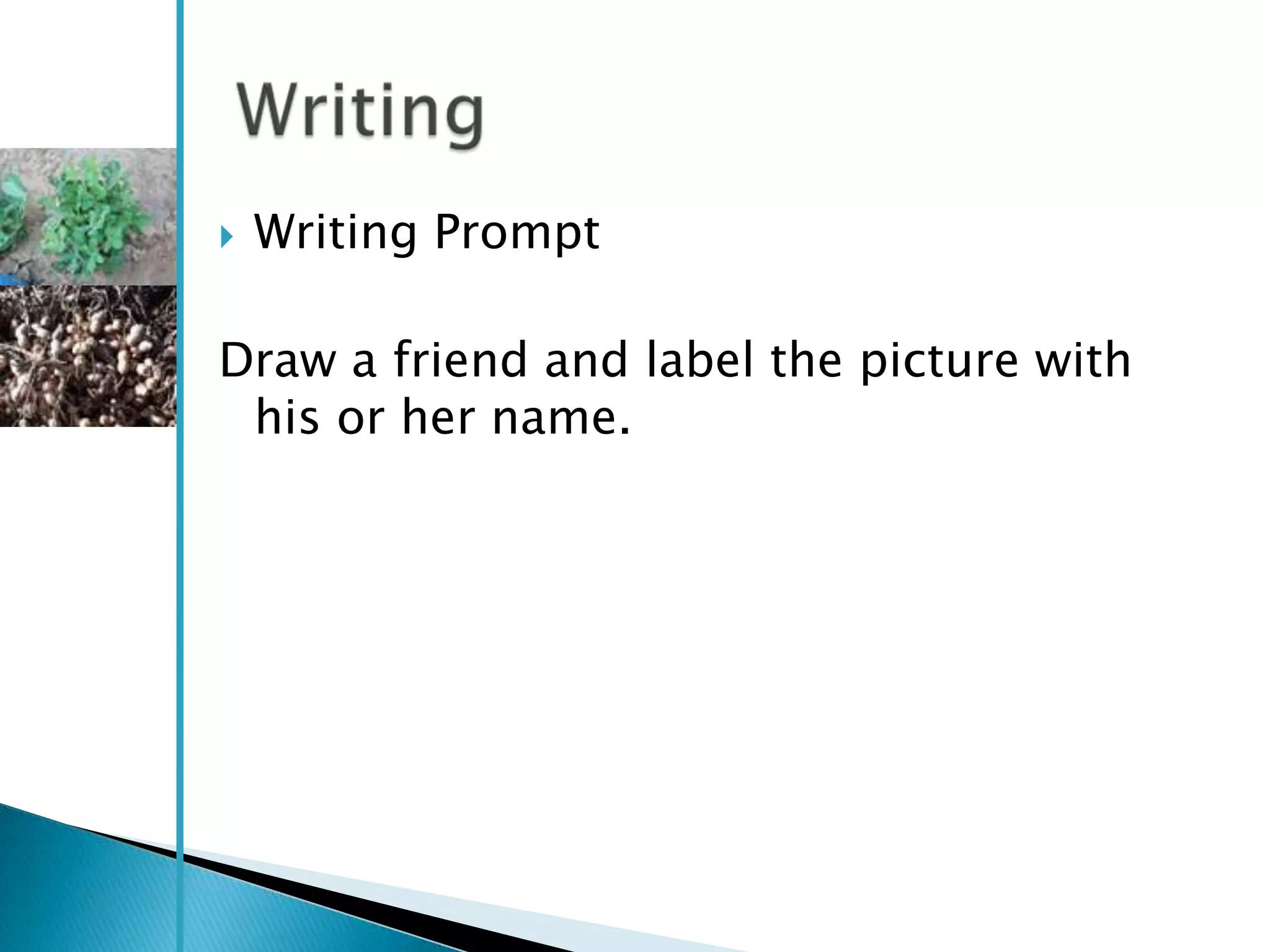    Writing Prompt

Draw a friend and label the picture with
 his or her name.
 