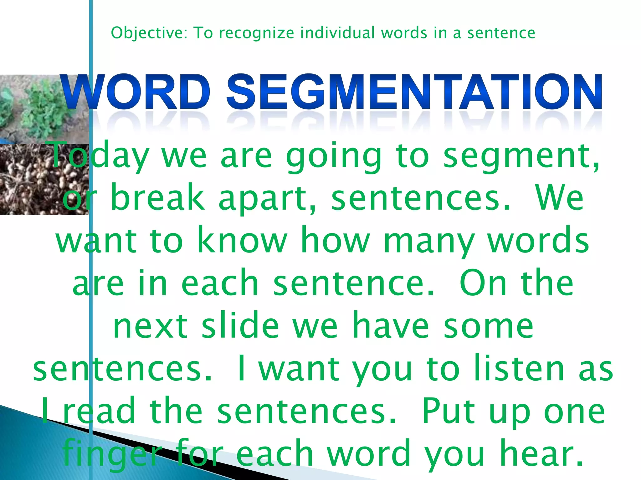 Objective: To recognize individual words in a sentence




 Today we are going to segment,
  or break apart, sentences. We
 want to know how many words
   are in each sentence. On the
     next slide we have some
sentences. I want you to listen as
I read the sentences. Put up one
  finger for each word you hear.
 