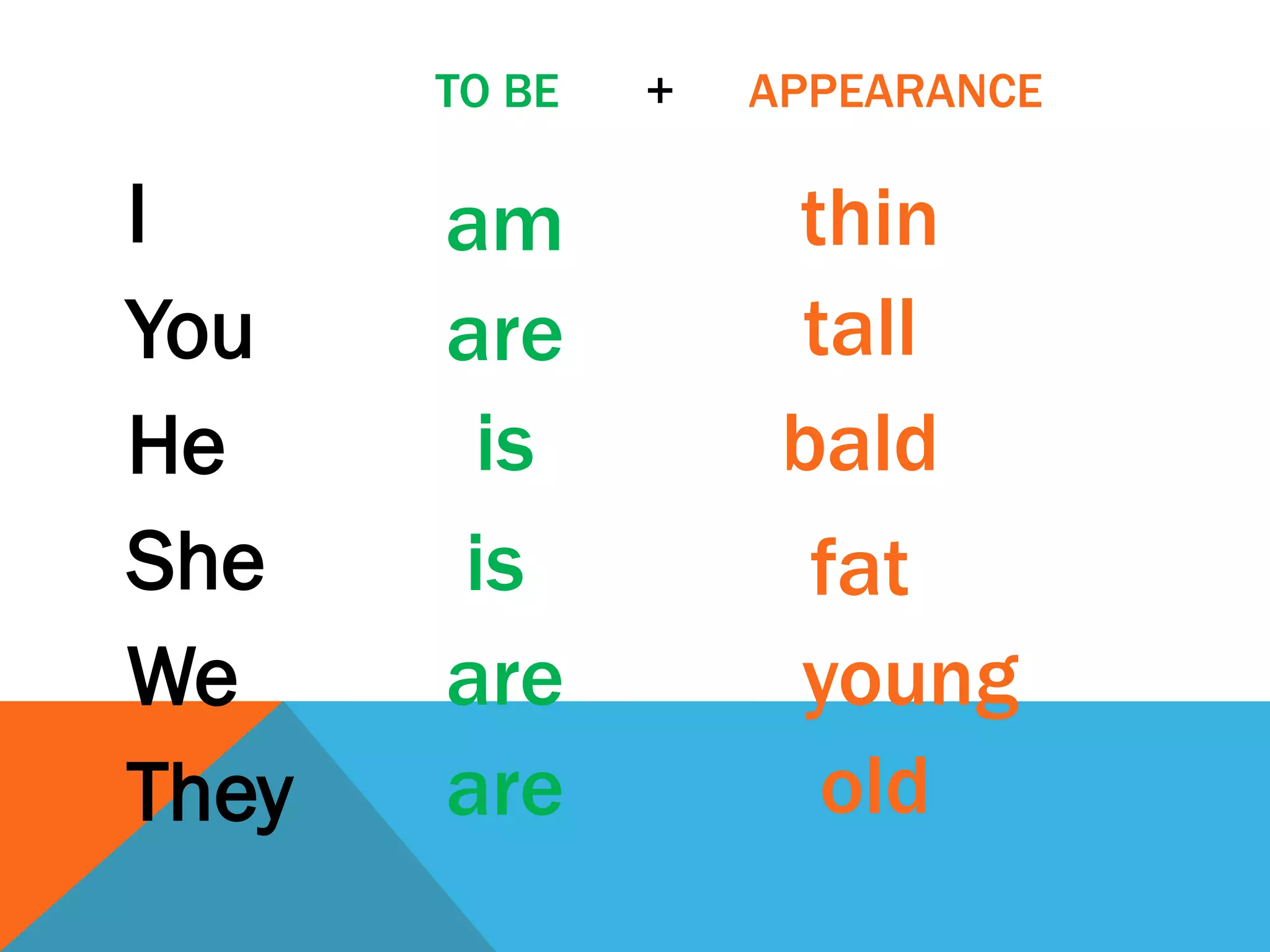TO BE   +   APPEARANCE

I      am           thin
You    are          tall
He      is          bald
She    is            fat
We     are          young
They   are           old
 