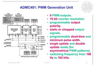 ADMC401: PWM Generation Unit

                              •   6 PWM outputs.
                              •   16 bit counter resolution.
                              •   programmable output
                                  polarity.
                              •   static or chopped output
                                  signals.
                              •   programmable dead-time and
                                  minimum pulse width.
                              •   single update and double
                                  update mode (for
                                  asymmetrical PWM patterns).
                              •   switching frequency from 198
                                  Hz to 102 kHz.
July/August 2001           Lesson 1                       22
 
