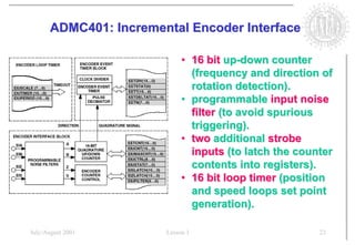 ADMC401: Incremental Encoder Interface

                            • 16 bit up-down counter
                              (frequency and direction of
                              rotation detection).
                            • programmable input noise
                              filter (to avoid spurious
                              triggering).
                            • two additional strobe
                              inputs (to latch the counter
                              contents into registers).
                            • 16 bit loop timer (position
                              and speed loops set point
                              generation).

July/August 2001       Lesson 1                        23
 