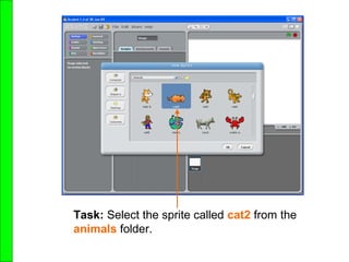 Task: Select the sprite called cat2 from the
animals folder.
 