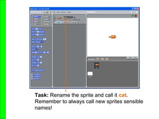 Task: Rename the sprite and call it cat.
Remember to always call new sprites sensible
names!
 