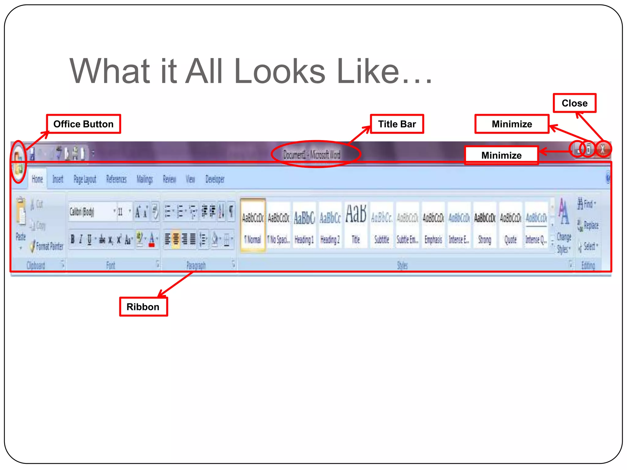 What it All Looks Like…
Close
Title BarOffice Button
Minimize
Minimize
Ribbon
 
