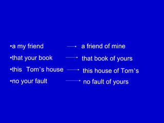 •a my friend
•that your book
•this Tom’s house
•no your fault
a friend of mine
that book of yours
this house of Tom’s
no fault of yours
 