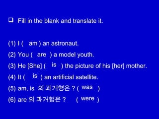  Fill in the blank and translate it.
(1) I ( ) an astronaut.
(2) You ( ) a model youth.
(3) He [She] ( ) the picture of his [her] mother.
(4) It ( ) an artificial satellite.
(5) am, is 의 과거형은 ? ( )
(6) are 의 과거형은 ? ( )
am
are
is
is
was
were
 