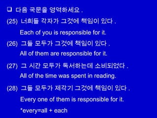  다음 국문을 영역하세요 .
(25) 너희들 각자가 그것에 책임이 있다 .
(26) 그들 모두가 그것에 책임이 있다 .
(27) 그 시간 모두가 독서하는데 소비되었다 .
(28) 그들 모두가 제각기 그것에 책임이 있다 .
Each of you is responsible for it.
All of them are responsible for it.
All of the time was spent in reading.
Every one of them is responsible for it.
*every=all + each
 